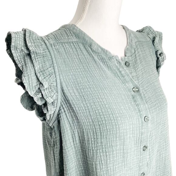 Design Nation Green Gauze Button Front Ruffle Shoulder Medium NWT - Picture 2 of 5